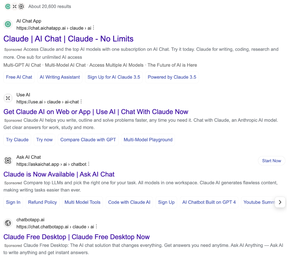 Sponsored search results advertising fake Claude desktop downloads